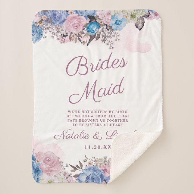 Parisian Charm Blue & Pink Floral Bridesmaid Quote Sherpa Blanket (Front)