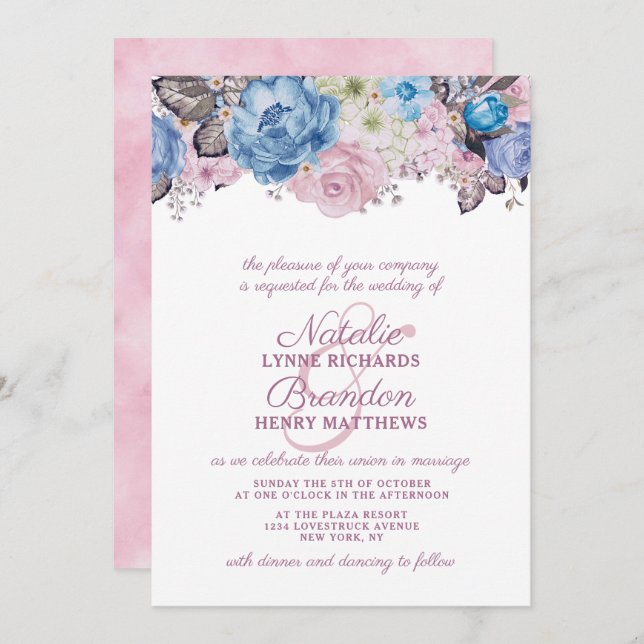 Parisian Charm Blue & Pink Floral Chic Wedding Invitation (Front/Back)