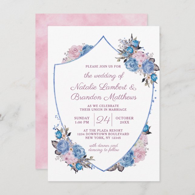 Parisian Charm Blue & Pink Floral Crest Wedding Invitation (Front/Back)