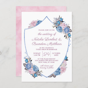 Parisian Charm Blue & Pink Floral Crest Wedding Invitation