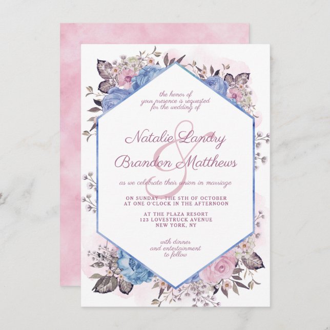 Parisian Charm Blue & Pink Floral Hexagon Wedding Invitation (Front/Back)