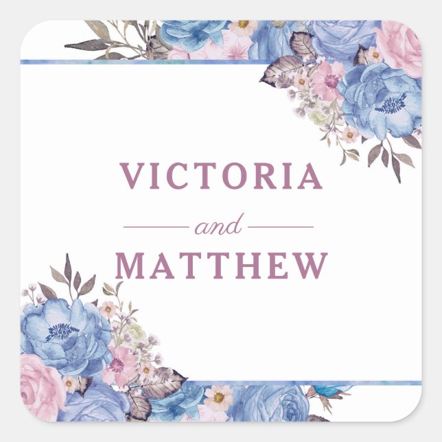 Parisian Charm Blue & Pink Floral Monogram Wedding Square Sticker (Front)