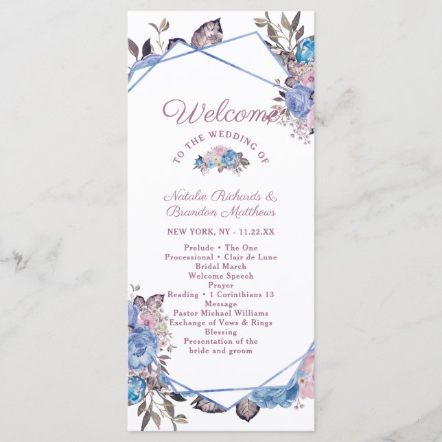 Parisian Charm Blue & Pink Floral Wedding Ceremony Program (Front)