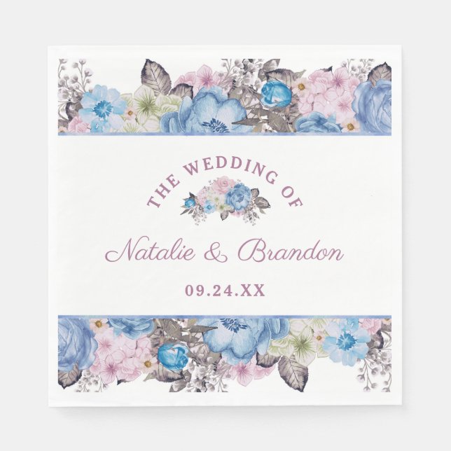 Parisian Charm Blue & Pink Floral Wedding Monogram Napkin (Front)