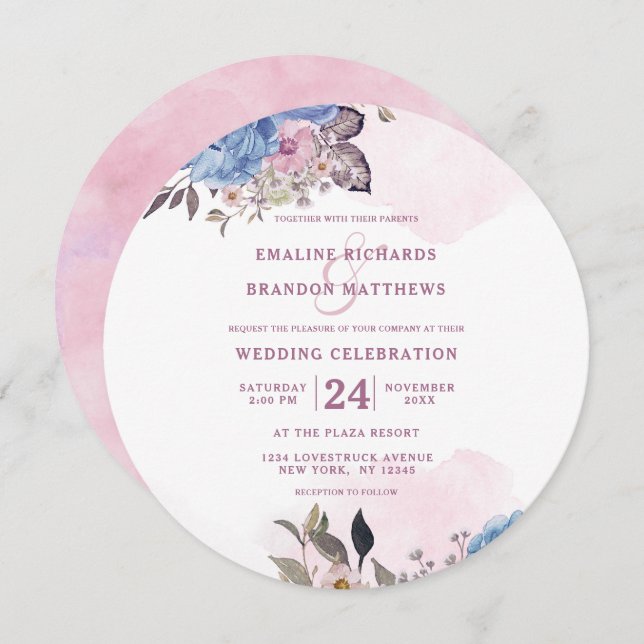 Parisian Charm Blue & Pink Floral Wedding Round Invitation (Front/Back)