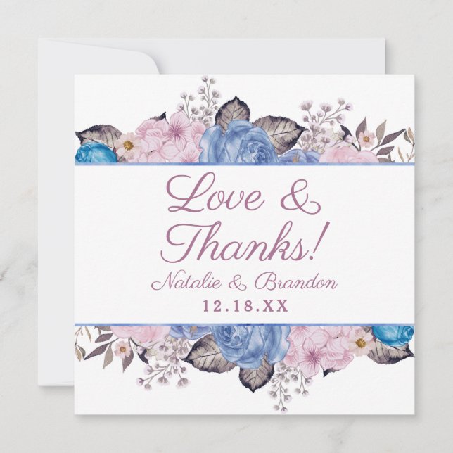 Parisian Charm Blue & Pink Love and Thanks Square Thank You Card (Front)