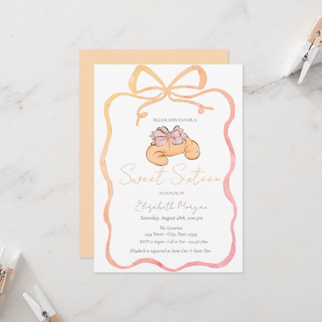 Parisian Croissant Chic Bow Sweet 16 Invitation (Front/Back In Situ)