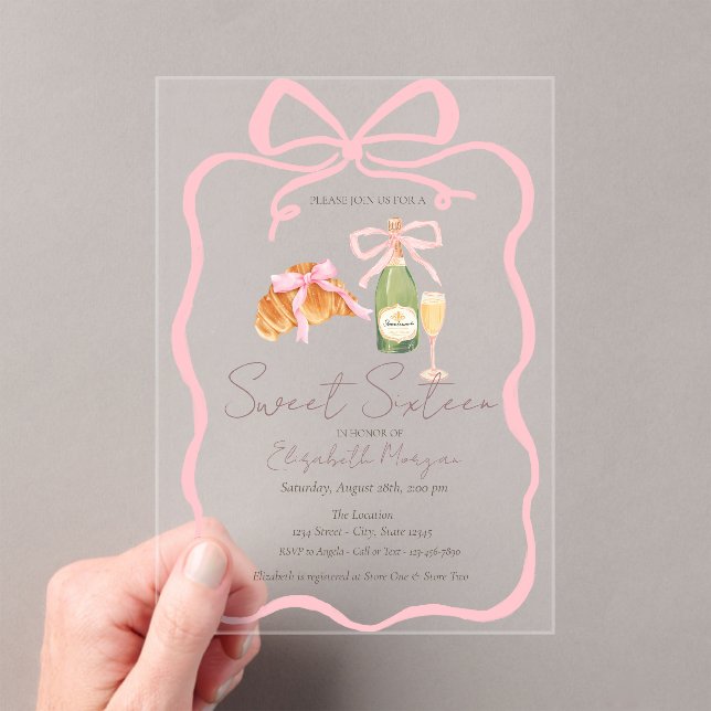 Parisian Croissant Pink Bow Champagne Sweet 16 Acrylic Invitations (Insitu (Handheld))