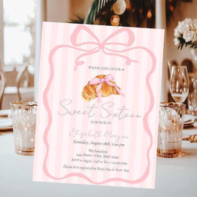 Parisian Croissant Pink Bow Pink Stripes Sweet 16 Invitation (Creator Uploaded)