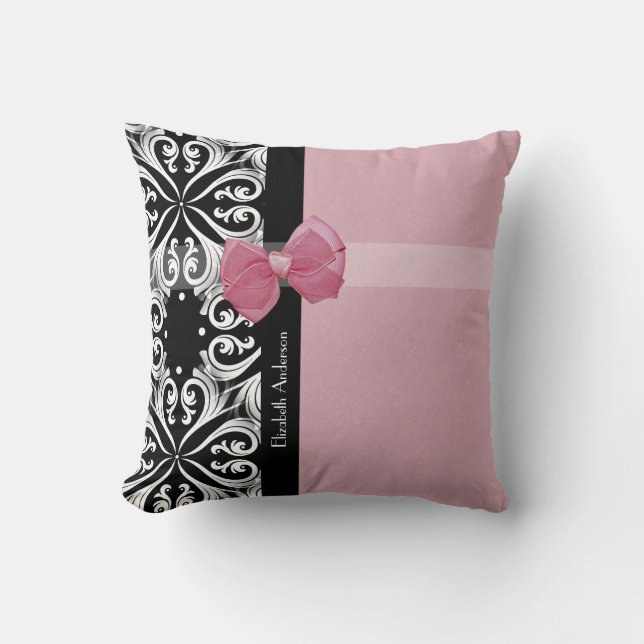 Parisian Damask Pink and Black Chic Bow With Name Cushion (Front)