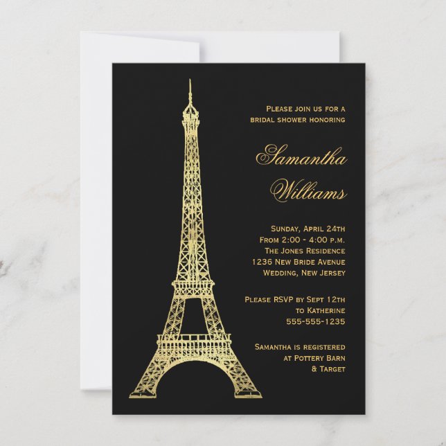 Parisian Eiffel Tower Black & Gold Bridal Shower Invitation (Front)