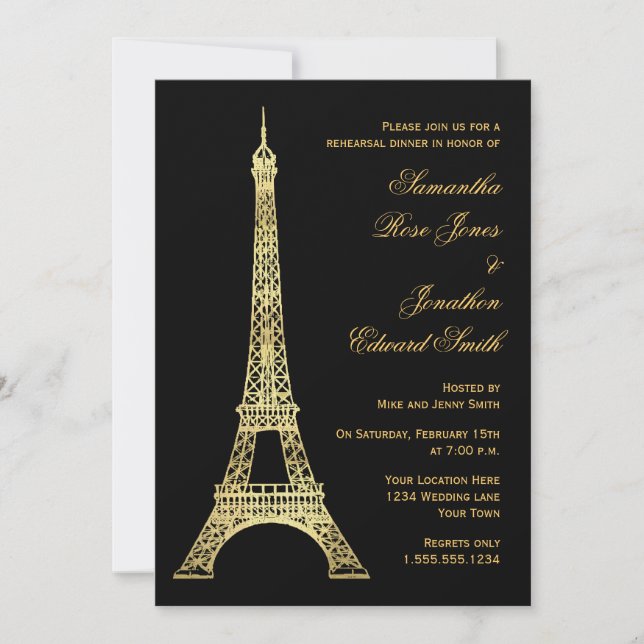 Parisian Eiffel Tower Black Gold Rehearsal Dinner Invitation (Front)