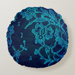 Parisian Feminine Victorian Gothic Navy Blue Lace Round Cushion