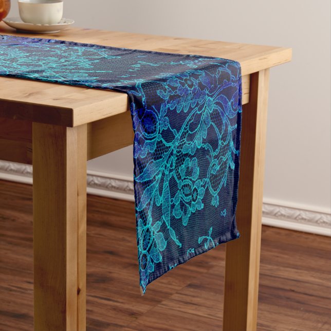 Parisian Feminine Victorian Gothic Navy Blue Lace Short Table Runner (In Situ)