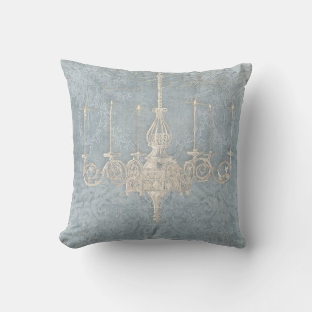 Parisian French Blue White Chandelier Floral Art Cushion (Front)