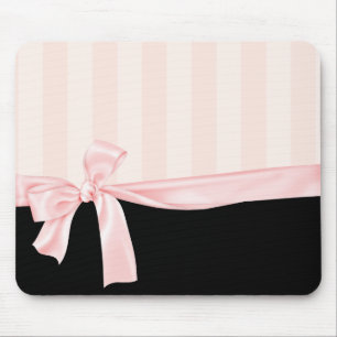 Parisian Girly Pink Stripes & Light Pink Bow Mouse Pad