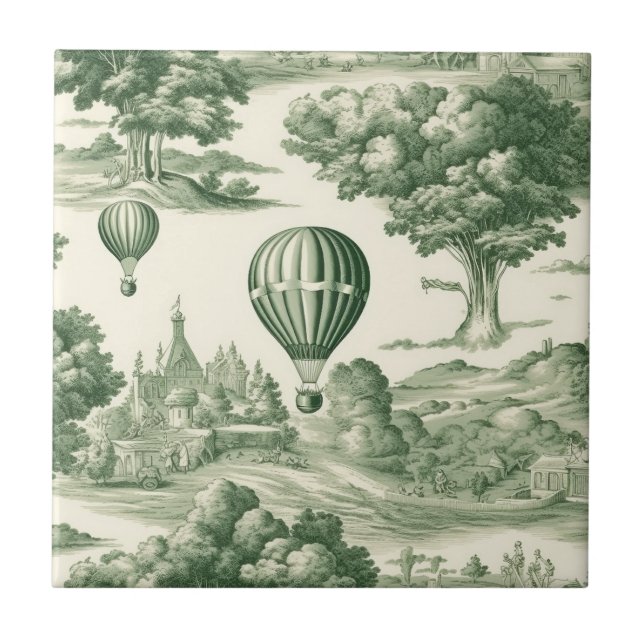Parisian Green Toile Village Balloon Pattern Ceramic Tile (Front)