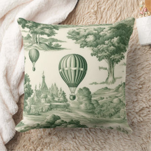 Parisian Green Toile Village Balloon Pattern Cushion