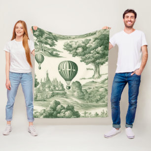 Parisian Green Toile Village Balloon Pattern Fleece Blanket