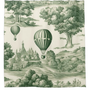 Parisian Green Toile Village Balloon Pattern Shower Curtain
