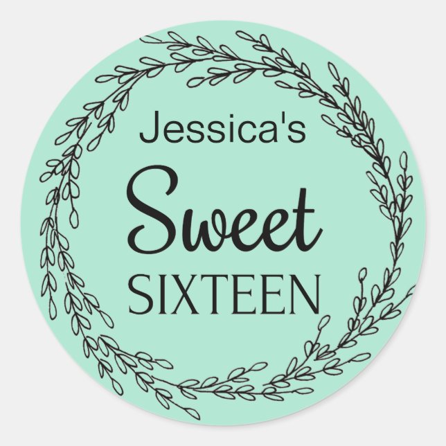 Parisian Mint Green Black Sweet Sixteen Name Classic Round Sticker (Front)