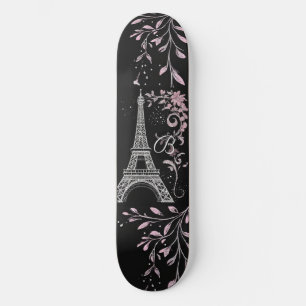 Parisian Night Silver Eiffel Tower Blush Pink Chic Skateboard