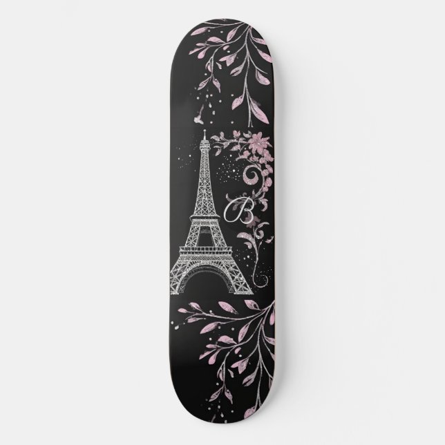 Parisian Night Silver Eiffel Tower Blush Pink Chic Skateboard (Front)