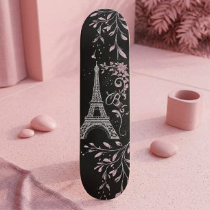 Parisian Night Silver Eiffel Tower Blush Pink Chic Skateboard