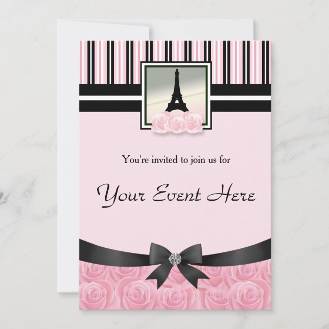 Parisian party Eiffel tower pink roses invitation (Front)