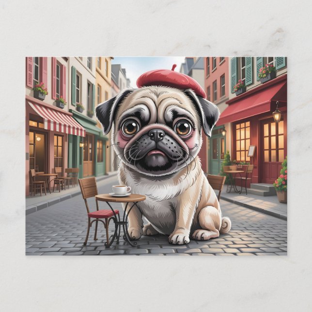 Parisian Pug at Sidewalk Cafe Postcard (Front)