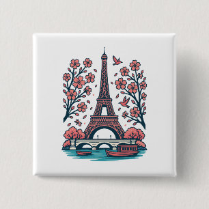 Parisian Souvenir Eiffel Tower Paris Cherry Tree 15 Cm Square Badge