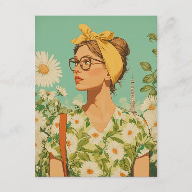 Parisian Spring Girl with Daisies Postcard (Front)