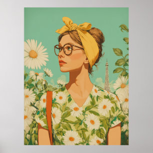 Parisian Spring Girl with Daisies Poster