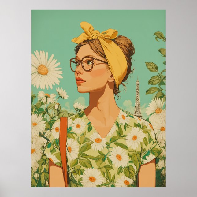 Parisian Spring Girl with Daisies Poster (Front)