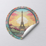 Parisian Sunset Eifel Tower Paris French Floral Classic Round Sticker<br><div class="desc">Bright Parisian Sunset Eifel Tower Paris French France Floral Stickers features an art deco style Paris sunset with the Eifel Tower in a bold floral frame. Created by Evco Studio www.zazzle.com/store/evcostudio</div>