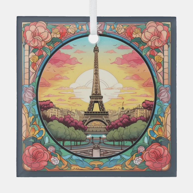 Parisian Sunset Eifel Tower Paris French Floral Glass Tree Decoration (Front)