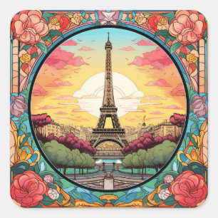 Parisian Sunset Eifel Tower Paris French Floral Square Sticker