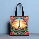 Parisian Sunset Eifel Tower Paris French Floral Tote Bag<br><div class="desc">Bright Parisian Sunset Eifel Tower Paris French France Floral Tote Bags features an art deco style Paris sunset with the Eifel Tower in a bold floral frame. Created by Evco Studio www.zazzle.com/store/evcostudio</div>