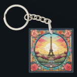 Parisian Sunset Eiffel Tower Paris French Floral Key Ring<br><div class="desc">Bright Parisian Sunset Eiffel Tower Paris French France Floral Keychains features an art deco style Paris sunset with the Eiffel Tower in a bold floral frame. Created by Evco Studio www.zazzle.com/store/evcostudio</div>