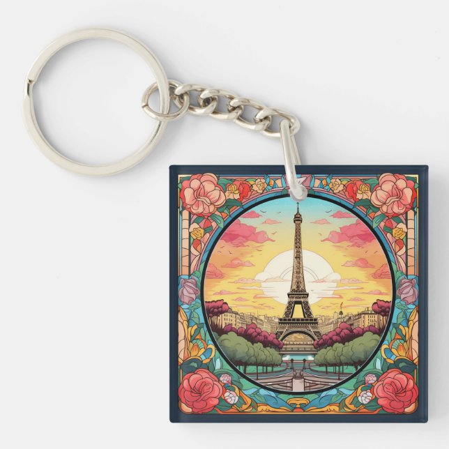 Parisian Sunset Eiffel Tower Paris French Floral Key Ring (Front)