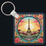 Parisian Sunset Eiffel Tower Paris French Floral Key Ring<br><div class="desc">Bright Parisian Sunset Eiffel Tower Paris French France Floral Keychains features an art deco style Paris sunset with the Eiffel Tower in a bold floral frame. Created by Evco Studio www.zazzle.com/store/evcostudio</div>