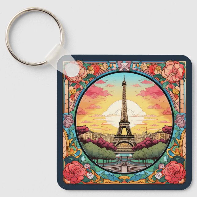 Parisian Sunset Eiffel Tower Paris French Floral Key Ring (Front)