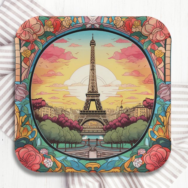 Parisian Sunset Eiffel Tower Paris French Floral Paper Plate (Creator Uploaded)