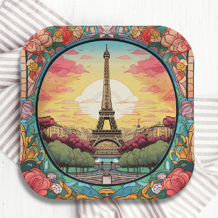Parisian Sunset Eiffel Tower Paris French Floral Paper Plate