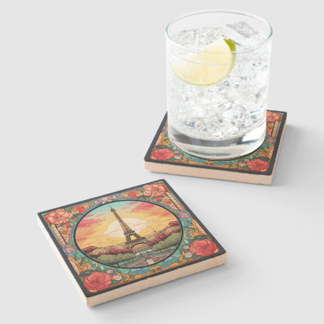 Parisian Sunset Eiffel Tower Paris French Floral Stone Coaster (Side)