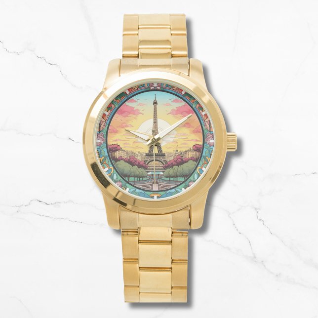 Parisian Sunset Eiffel Tower Paris French Floral Watch (Creator Uploaded)