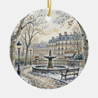Parisian Winter Park Watercolor Illustration Ceramic Ornament