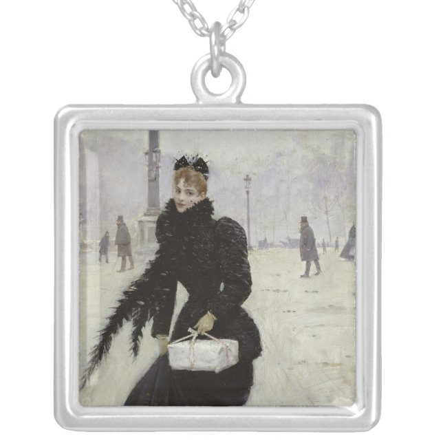 Parisian woman in the Place de la Concorde Silver Plated Necklace (Front)