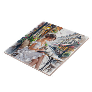 Parisian Women Elegance: Paris Café Street Vibes Ceramic Tile