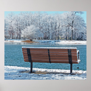 PARK BENCH LOOKING ACROSS LAKE TO WINTER WONDERLAN POSTER